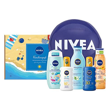 NIVEA Familienspaß Set, Sonnenschutz Pflegeset für die ganze Familie, praktisches Geschenkset mit Sonnenspray, Pflegedusche, Wasserball und mehr im Sale